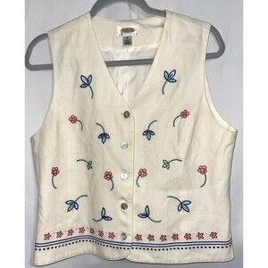 Vintage Talbots Petites Vest Linen Rayon Cream Embroidered Floral Women’s M